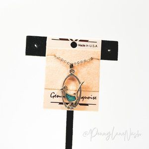 Vintage Oval with Turquoise Bird Necklace in Silver